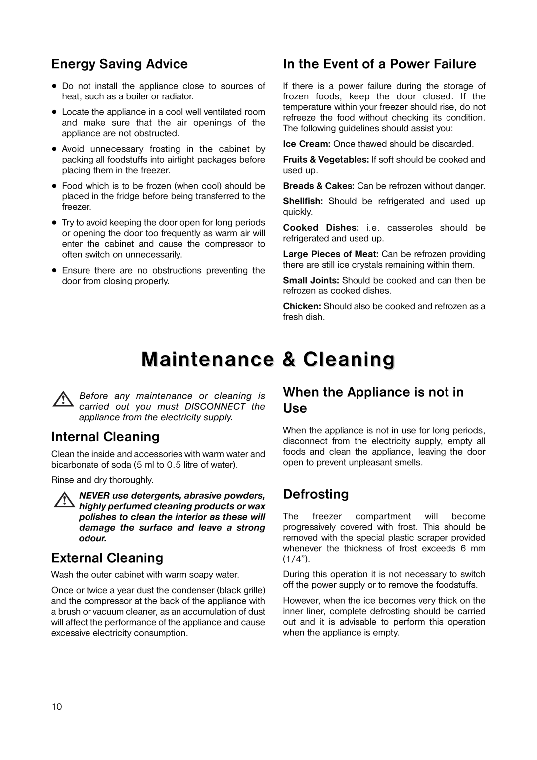 Zanussi ZUT 113S manual Maintenance & Cleaning, Energy Saving Advice, Internal Cleaning, External Cleaning, Defrosting 