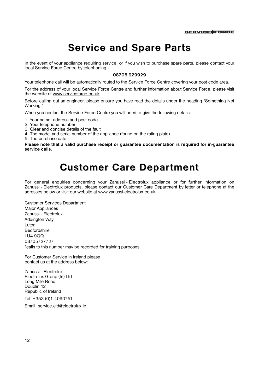 Zanussi ZUT 113S manual Service and Spare Parts, Customer Care Department, 08705 
