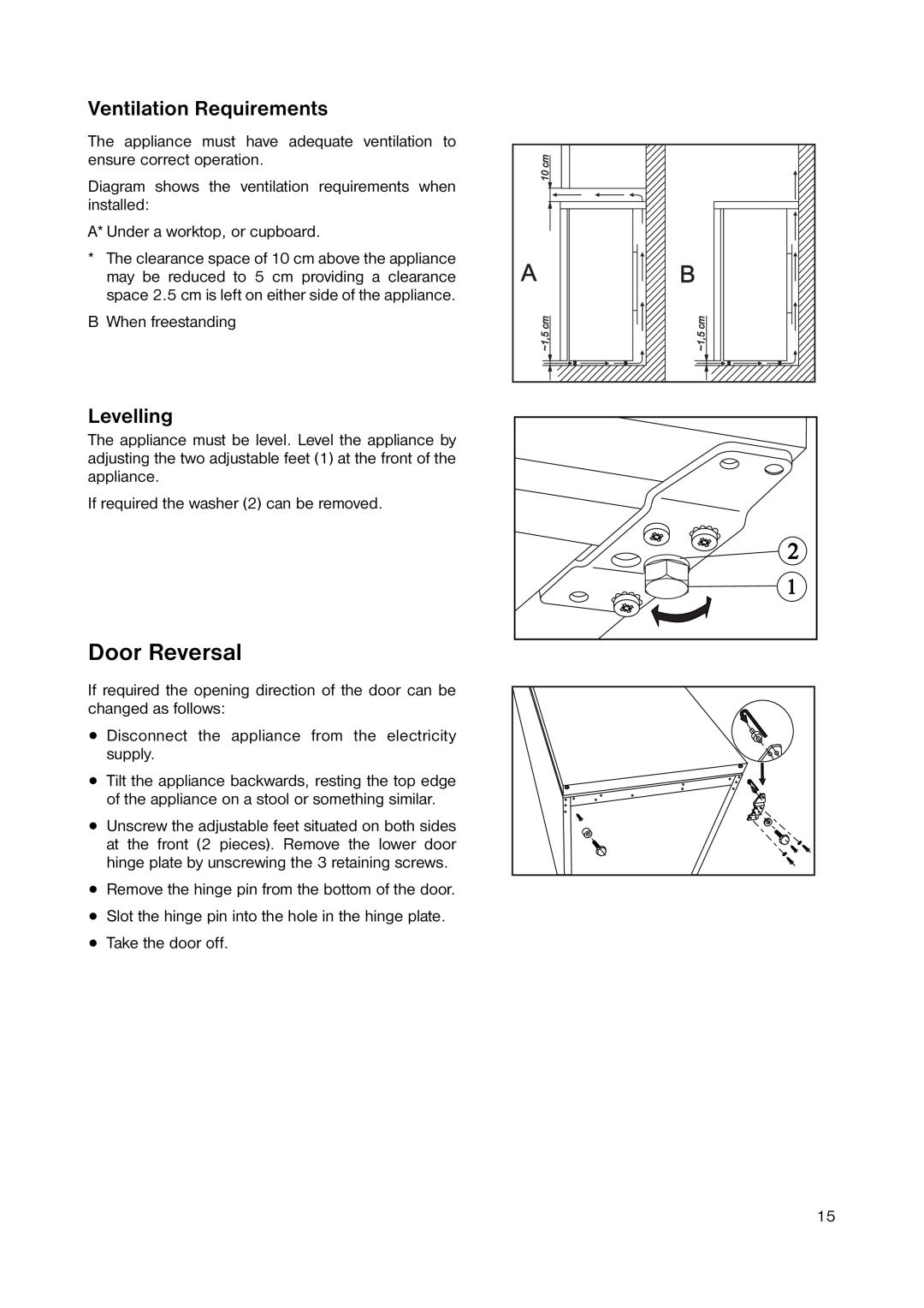 Zanussi ZUT 113S manual Door Reversal, Ventilation Requirements, Levelling 
