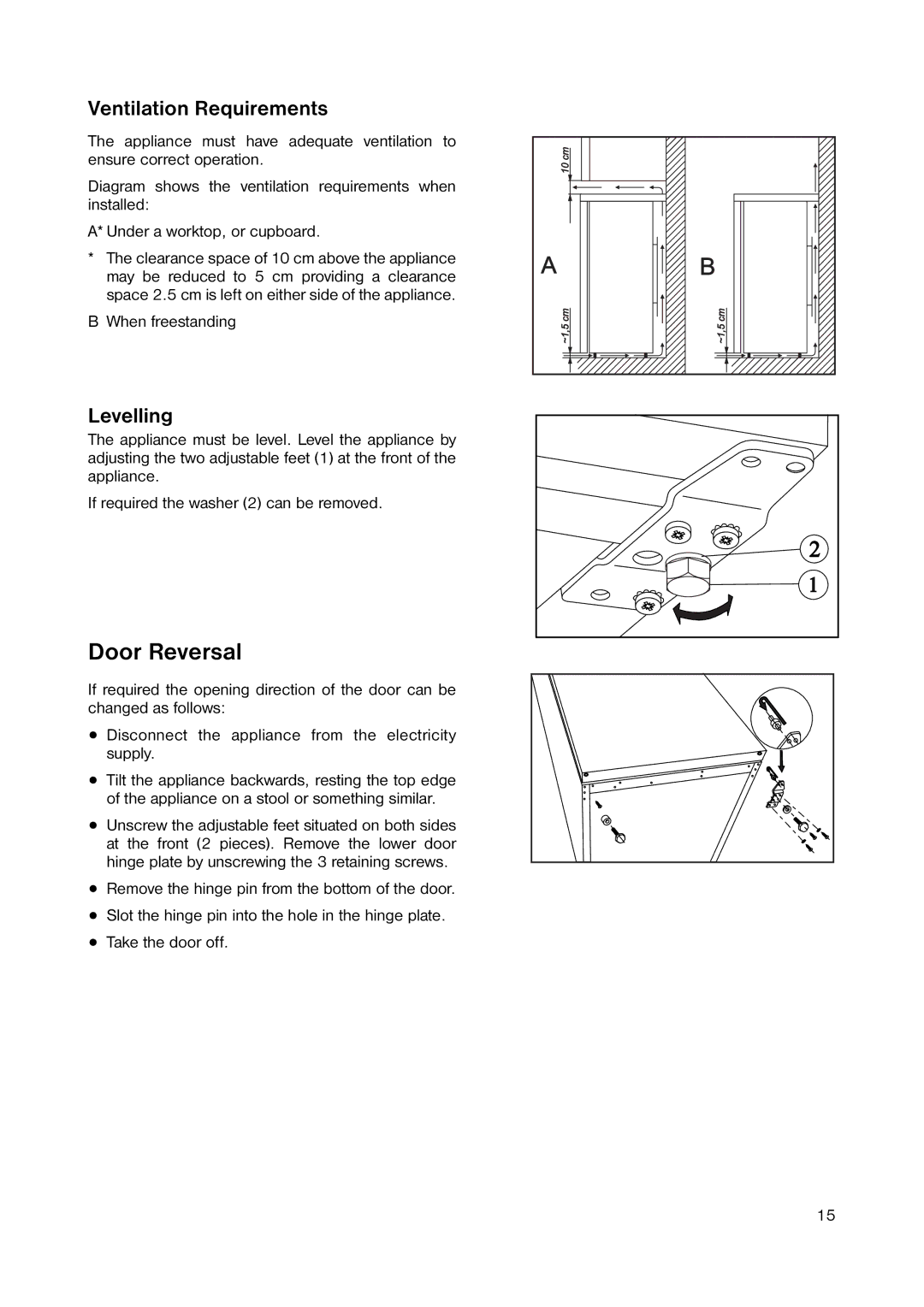 Zanussi ZUT 113W manual Door Reversal, Ventilation Requirements, Levelling 