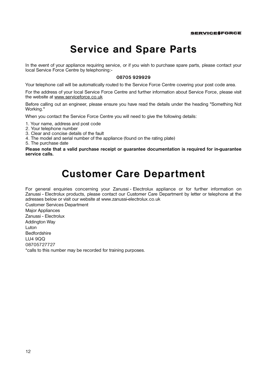 Zanussi ZUT 113W manual Service and Spare Parts, Customer Care Department, 08705 