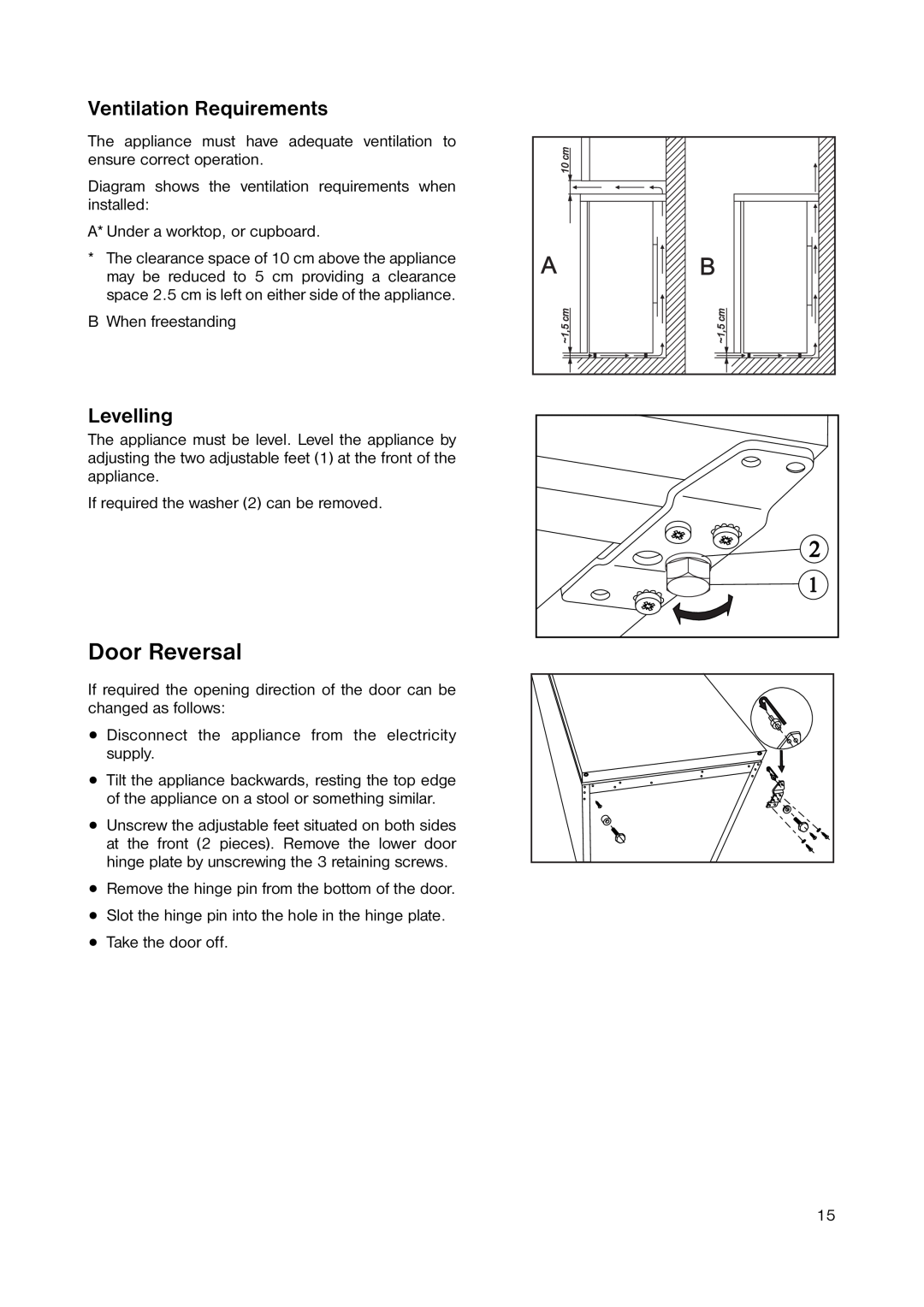 Zanussi ZUT 113W manual Door Reversal, Ventilation Requirements, Levelling 