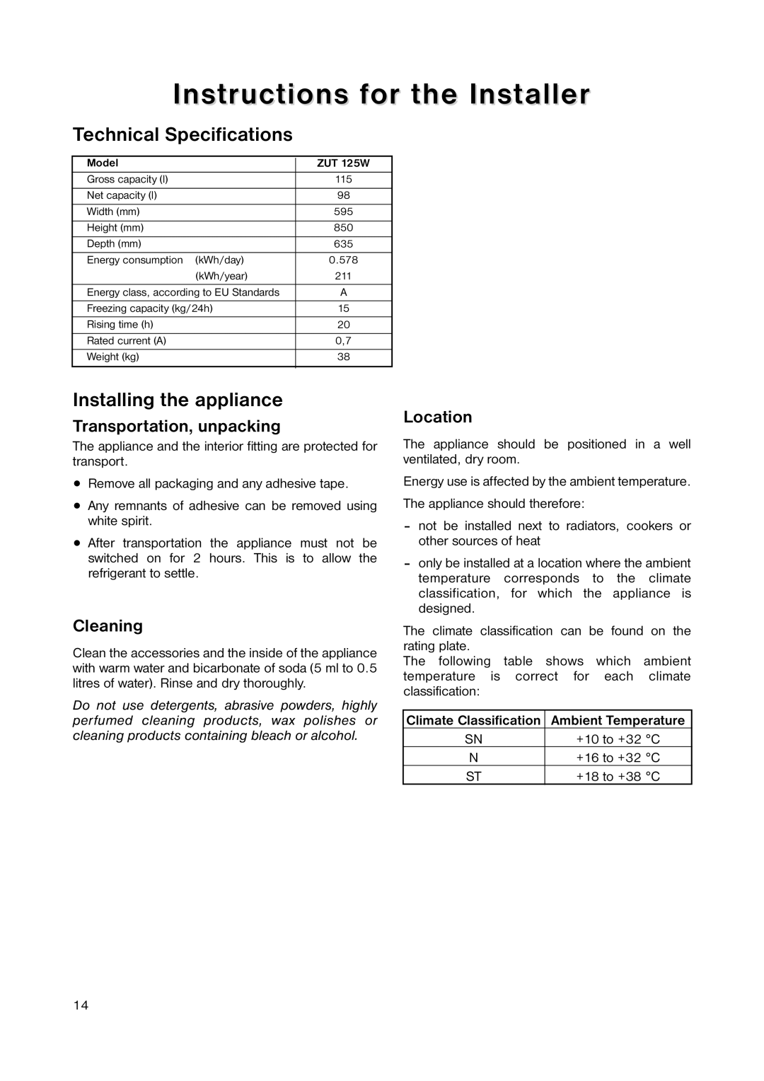 Zanussi ZUT 125W manual Instructions for the Installer, Technical Specifications, Installing the appliance 