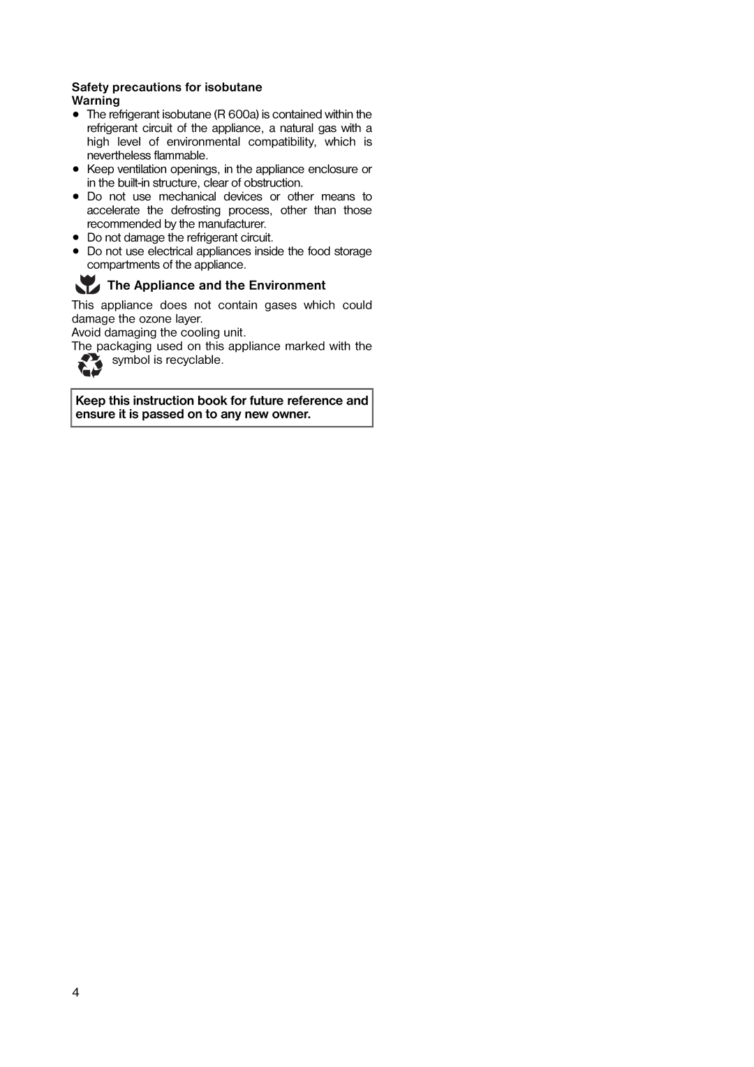 Zanussi ZUT 125W manual Safety precautions for isobutane, Appliance and the Environment 