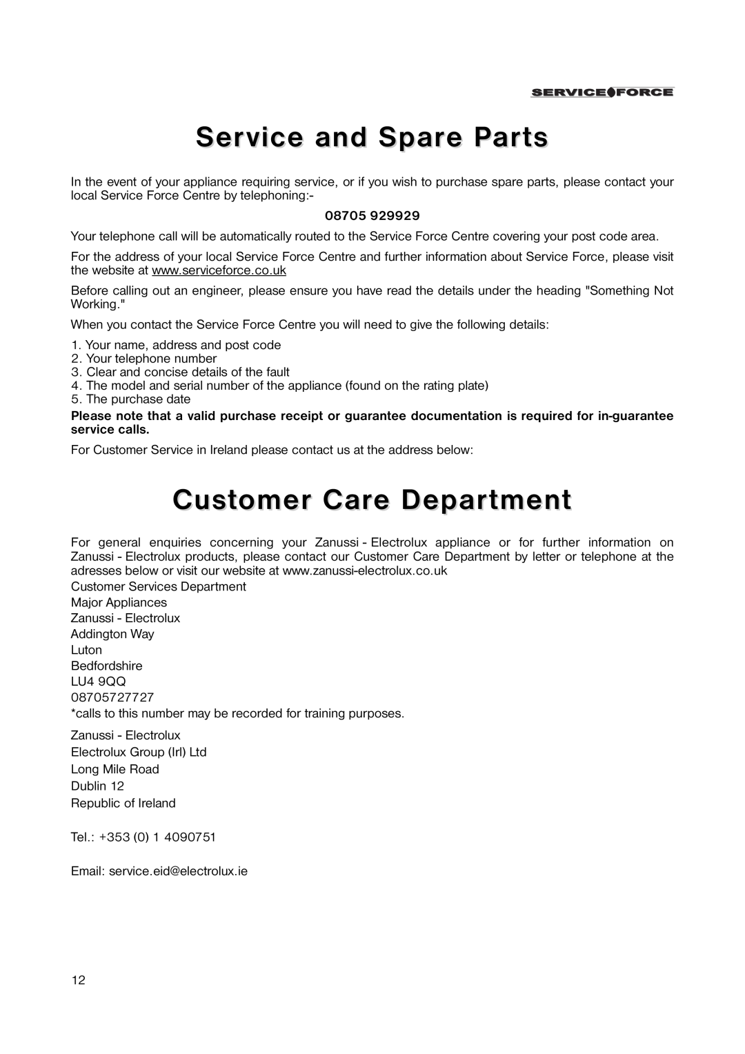 Zanussi ZUT 125W manual Service and Spare Parts, Customer Care Department, 08705 