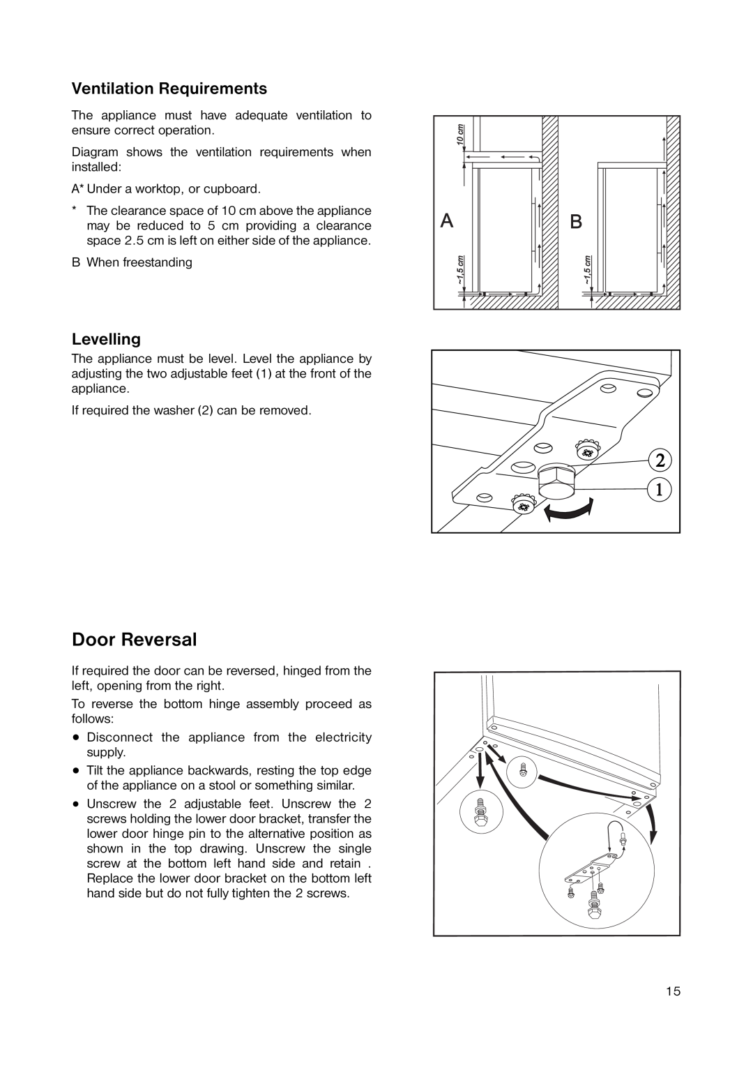 Zanussi ZUT 125W manual Door Reversal, Ventilation Requirements, Levelling 