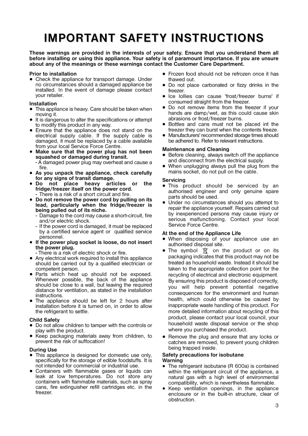 Zanussi ZUT 143W1 manual Prior to installation, Installation, Child Safety, During Use, Maintenance and Cleaning, Servicing 