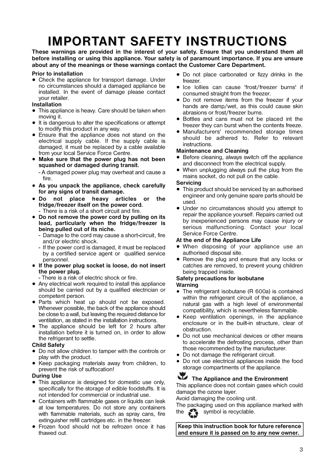 Zanussi ZUT 6245S manual Prior to installation, Installation, Child Safety, During Use, Maintenance and Cleaning, Servicing 