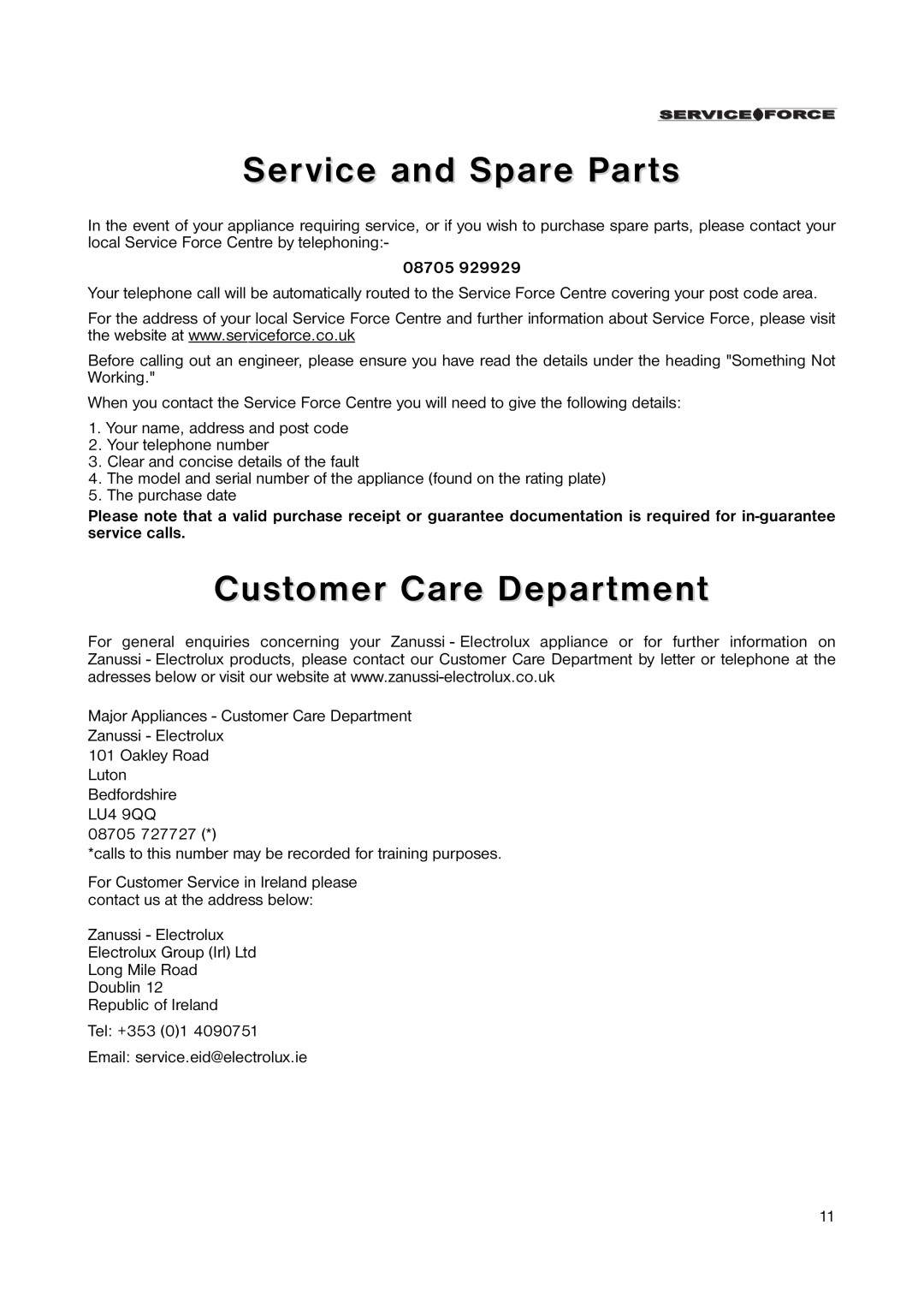 Zanussi ZUT 6245S manual Service and Spare Parts, Customer Care Department, 08705 