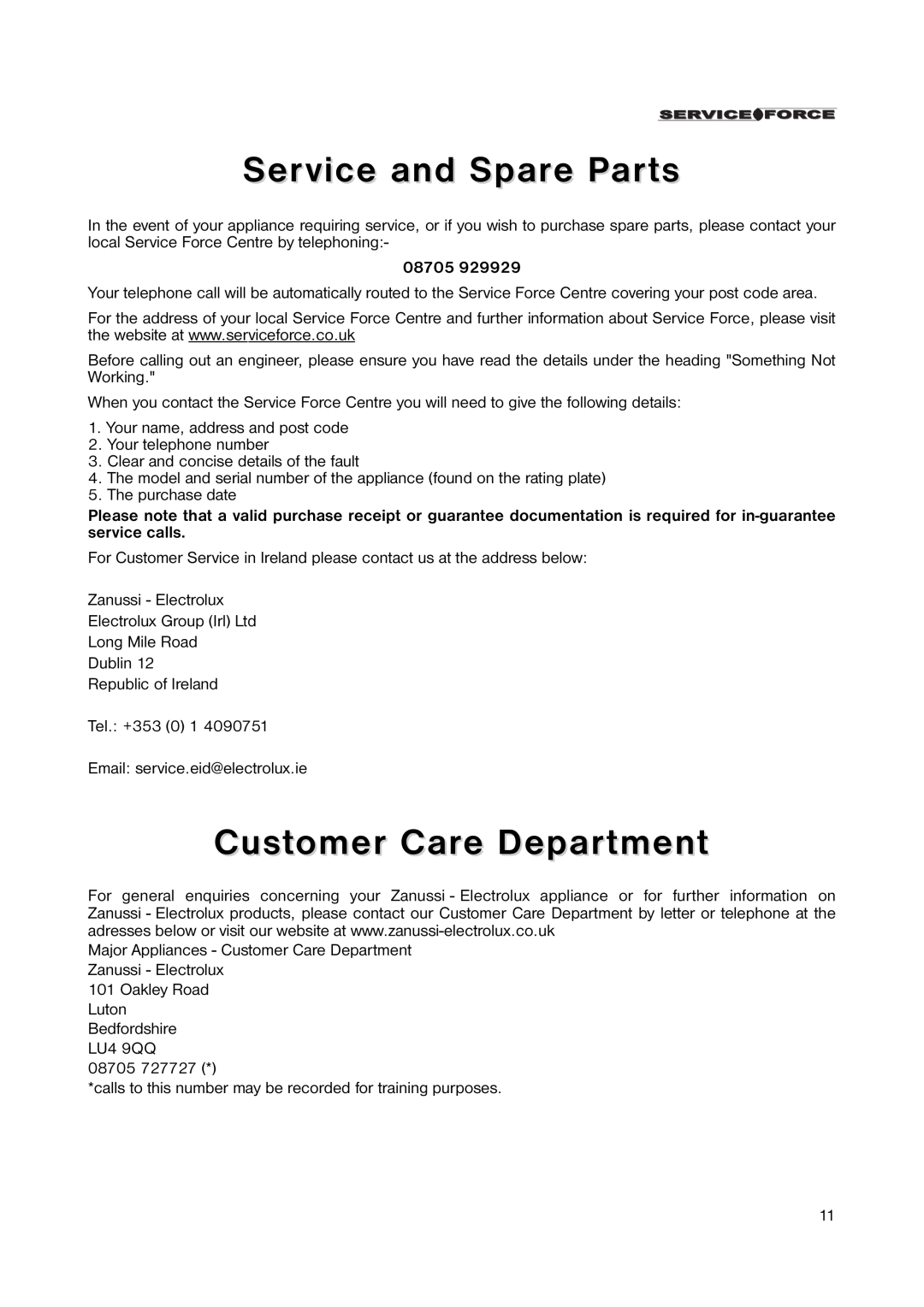 Zanussi ZUT 6246 manual Service and Spare Parts, Customer Care Department, 08705 