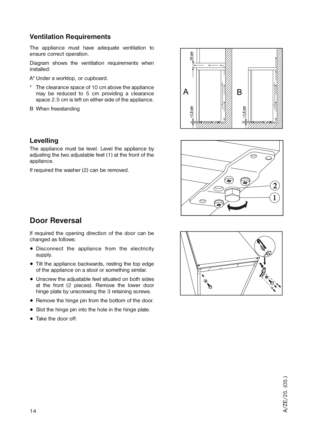 Zanussi ZUT 6246 manual Door Reversal, Ventilation Requirements, Levelling 