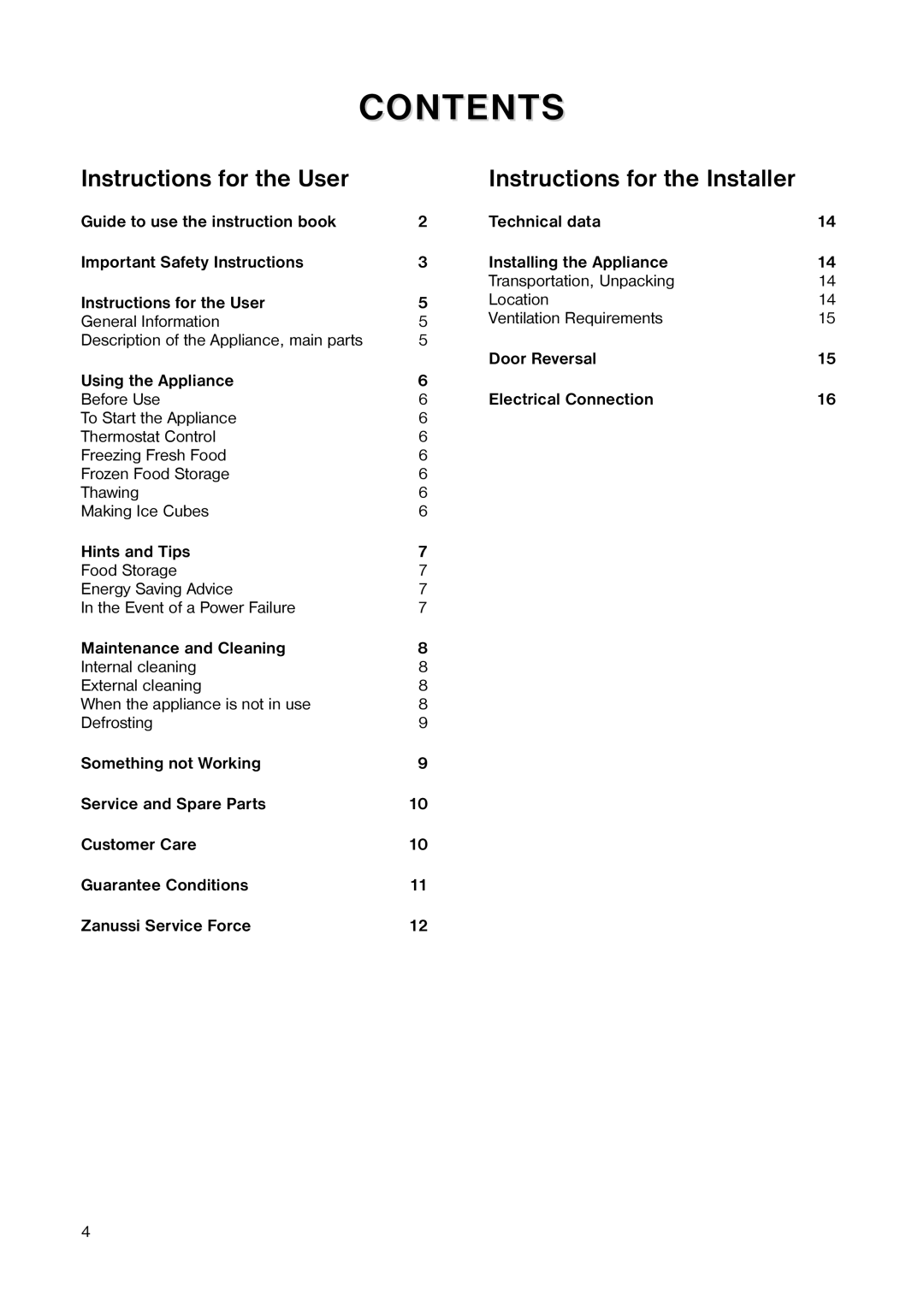 Zanussi ZV 17 manual Contents 