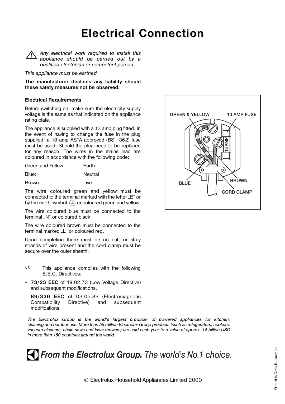 Zanussi ZV 17 manual Electrical Connection, This appliance must be earthed, Electrolux Household Appliances Limited 