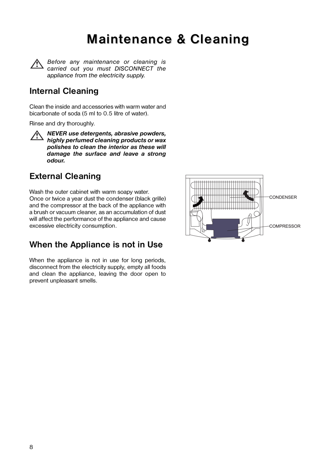 Zanussi ZV 17 manual Maintenance & Cleaning, Internal Cleaning, External Cleaning, When the Appliance is not in Use 