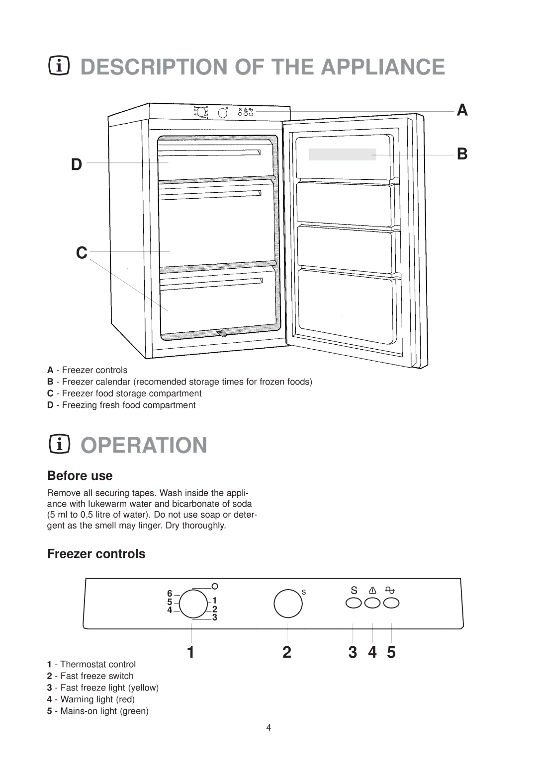 Zanussi ZV 40 R manual Description of the Appliance, Operation, Before use, Freezer controls 