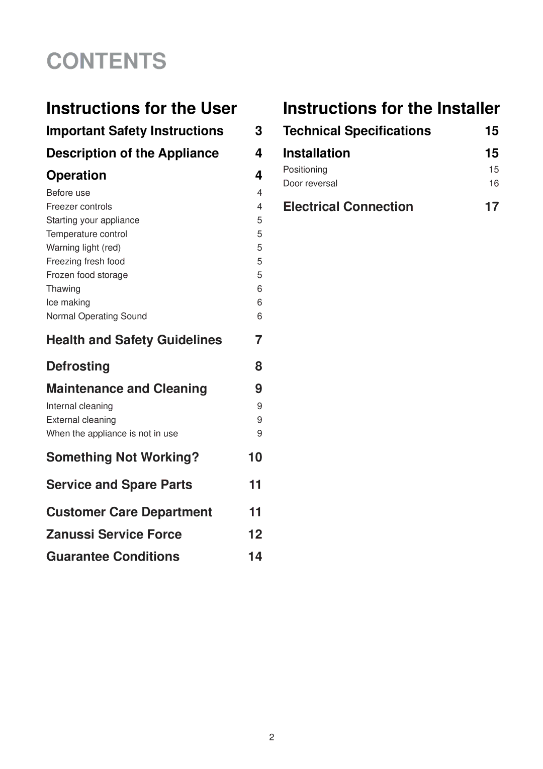 Zanussi ZV 41 R manual Contents 