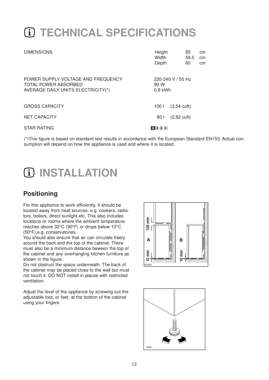 Zanussi ZV 48 RF manual Technical Specifications, Installation, Positioning 