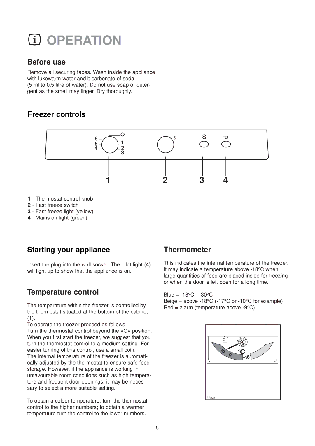 Zanussi ZV 48 RF manual Operation, Before use, Freezer controls, Starting your appliance, Temperature control 