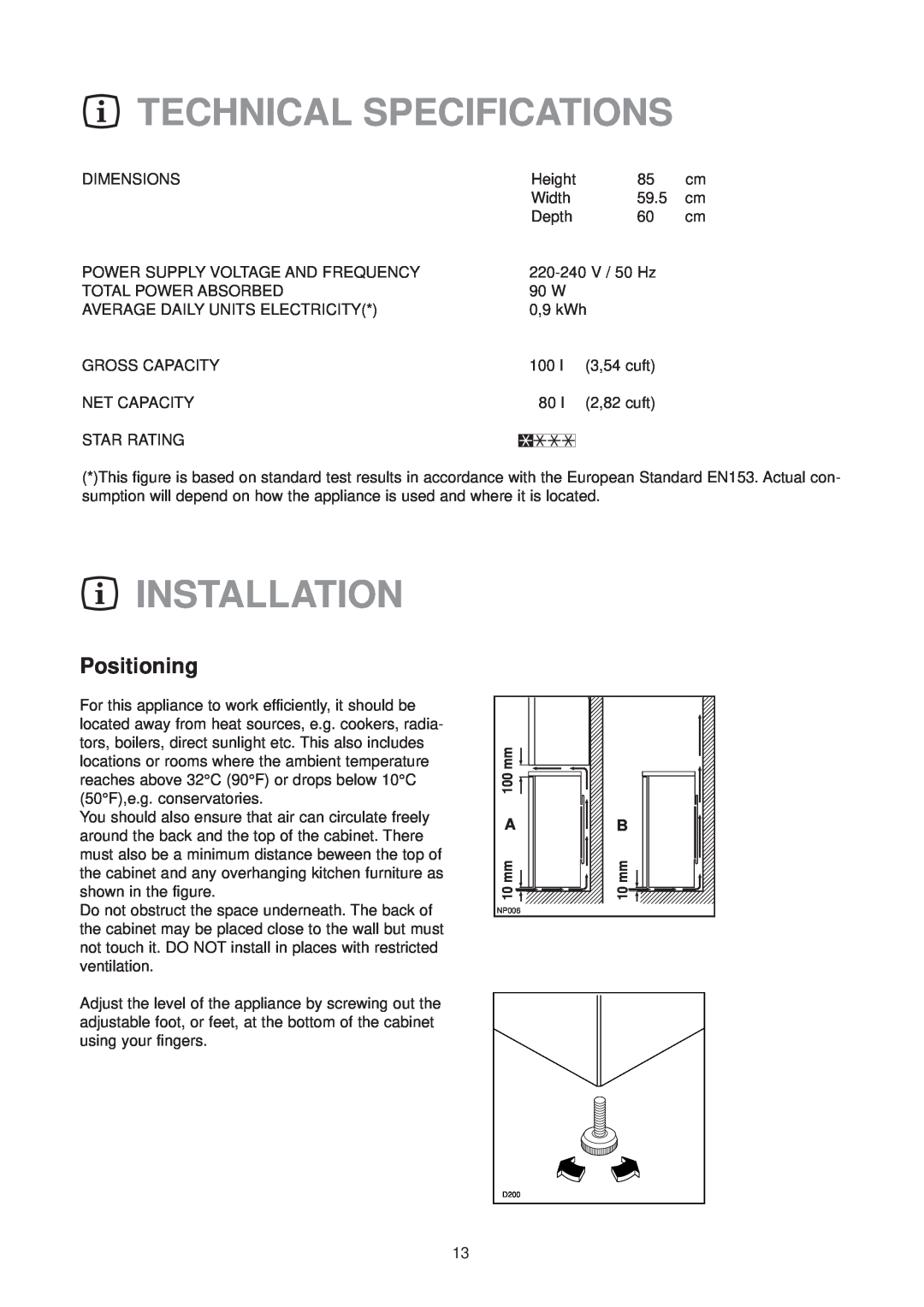 Zanussi ZV 48 RF manual Technical Specifications, Installation, Positioning 