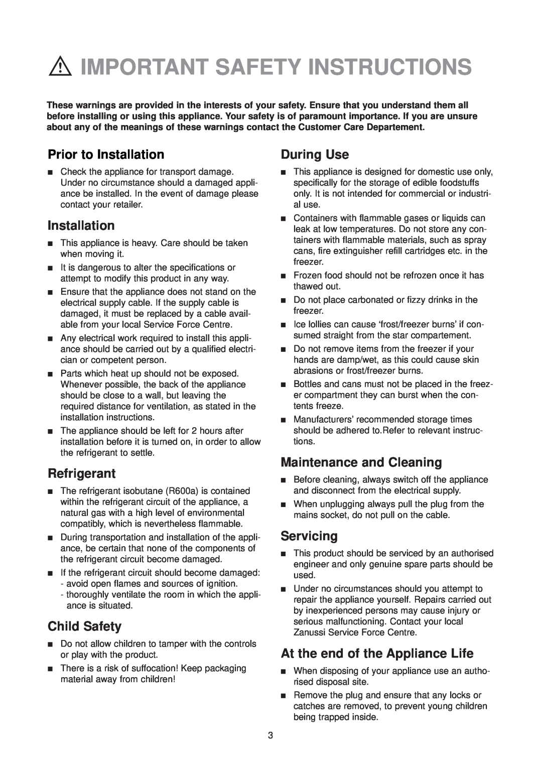 Zanussi ZV 48 RF manual Important Safety Instructions 