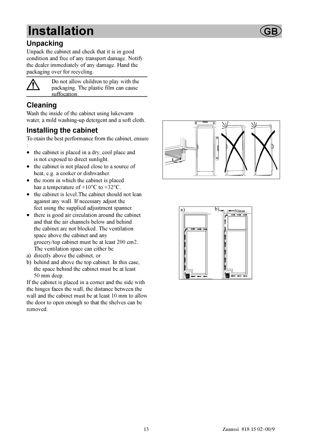 Zanussi ZV11R manual Installation, Unpacking, Cleaning, Installing the cabinet 