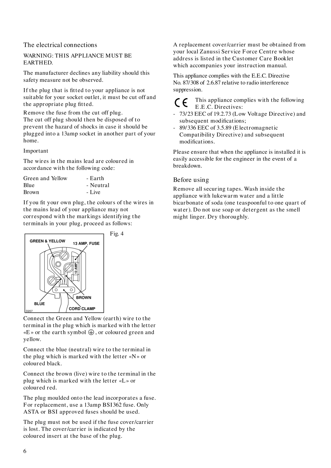 Zanussi ZVC 67 manual Electrical connections, Before using 