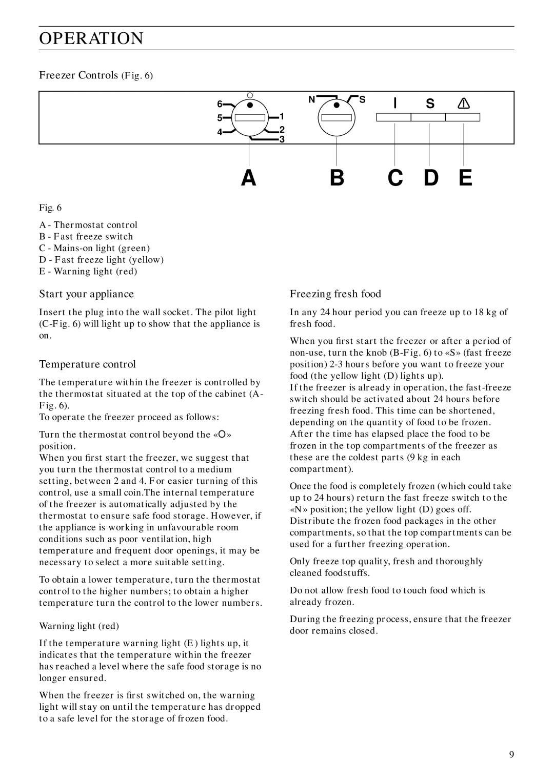 Zanussi ZVC 67 manual Operation, Freezer Controls Fig, Start your appliance, Temperature control, Freezing fresh food 