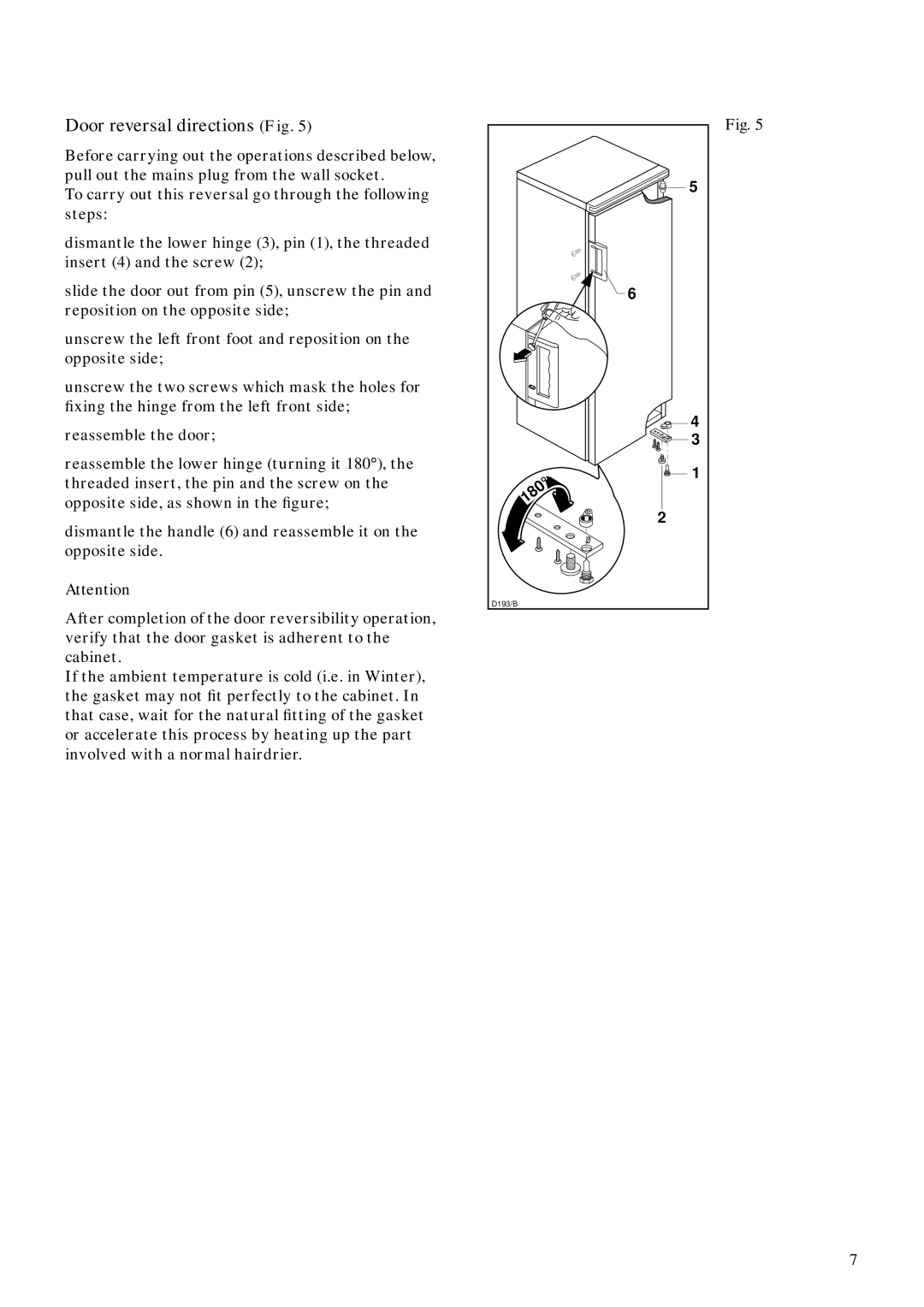 Zanussi ZVC 67 manual Door reversal directions Fig 