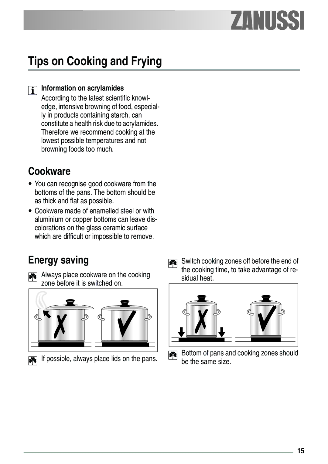 Zanussi ZVH 66 F manual Tips on Cooking and Frying, Cookware, Energy saving 