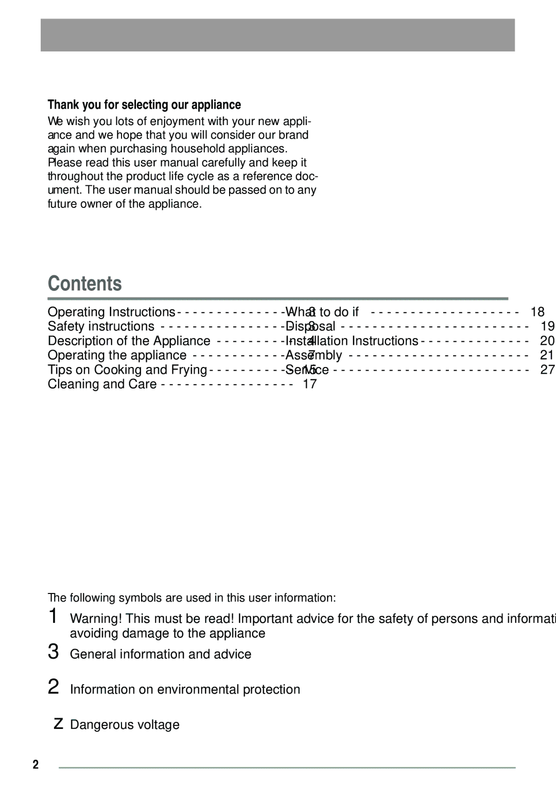 Zanussi ZVH 66 F manual Contents 