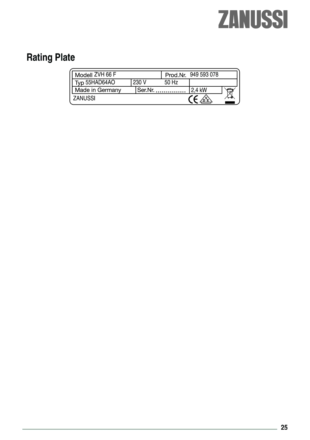 Zanussi ZVH 66 F manual Rating Plate 