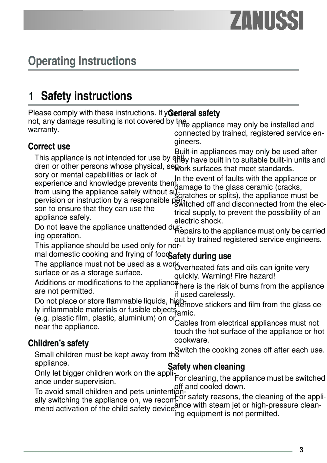 Zanussi ZVH 66 F manual Safety instructions 