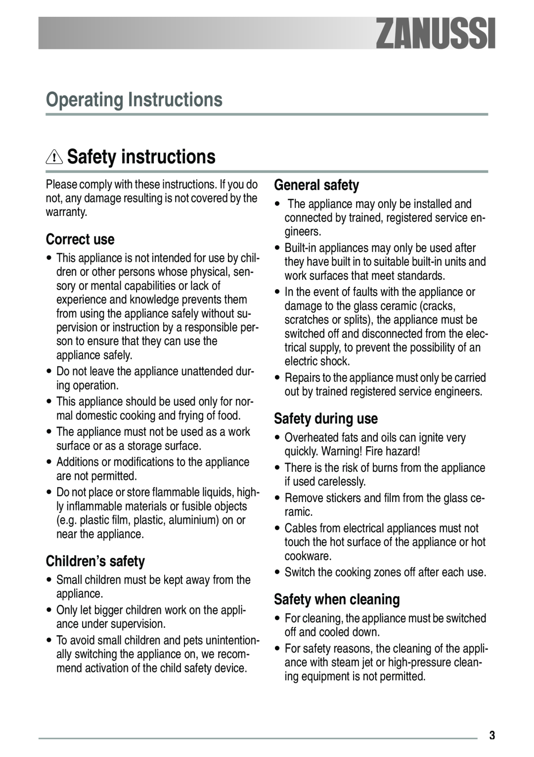 Zanussi ZVH 66 F manual Operating Instructions, Safety instructions, Correct use, Children’s safety, General safety 