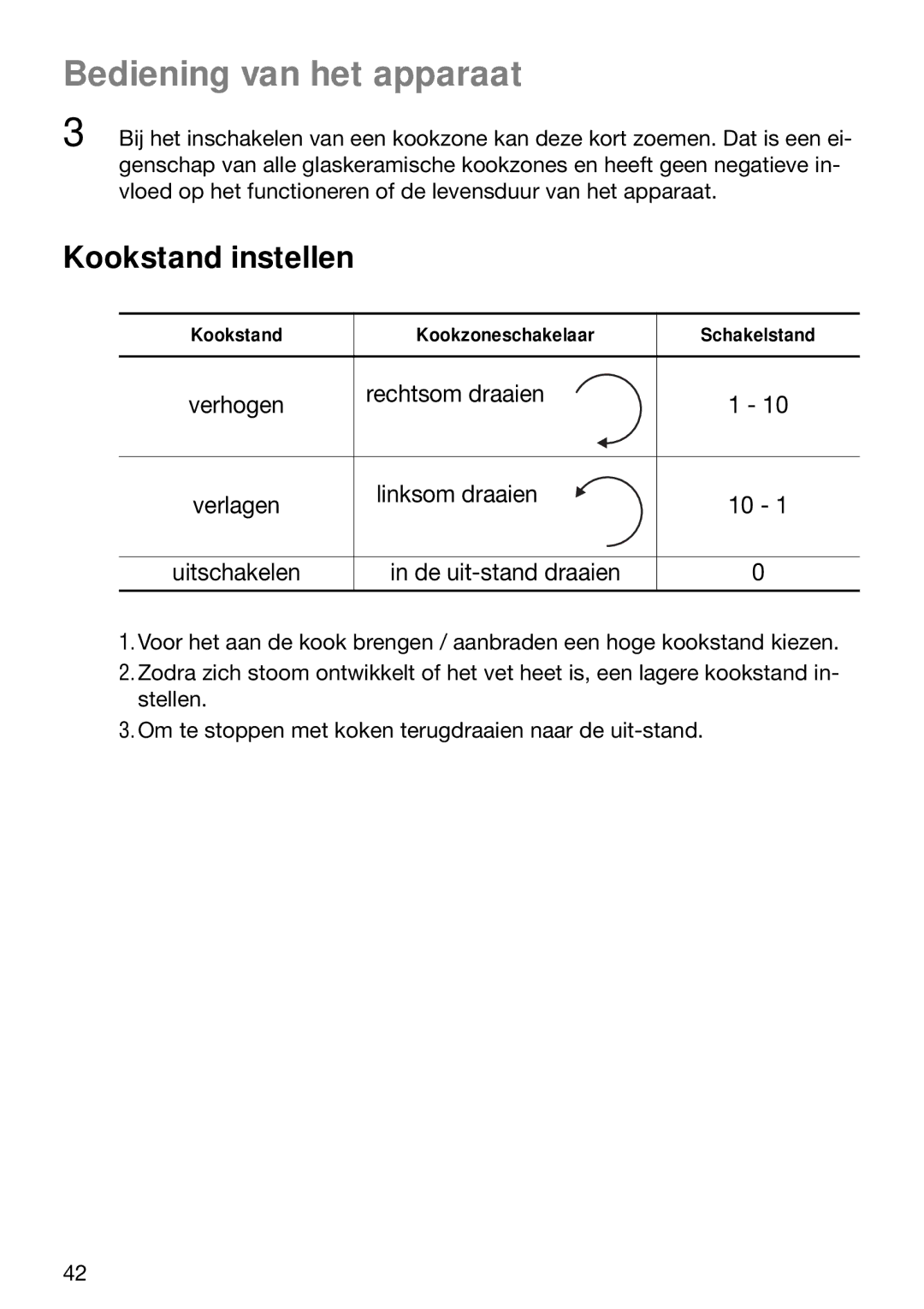 Zanussi ZVM 640 N/X operating instructions Bediening van het apparaat, Kookstand instellen, Kookstand Kookzoneschakelaar 