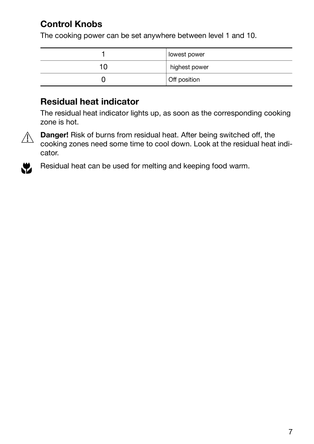 Zanussi ZVM 640 N/X operating instructions Control Knobs, Residual heat indicator 