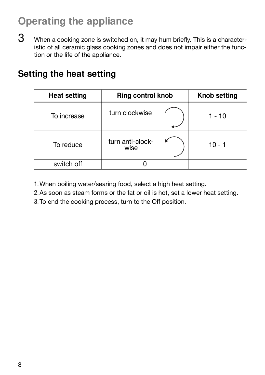 Zanussi ZVM 640 N/X operating instructions Operating the appliance, Setting the heat setting, Heat setting, Knob setting 