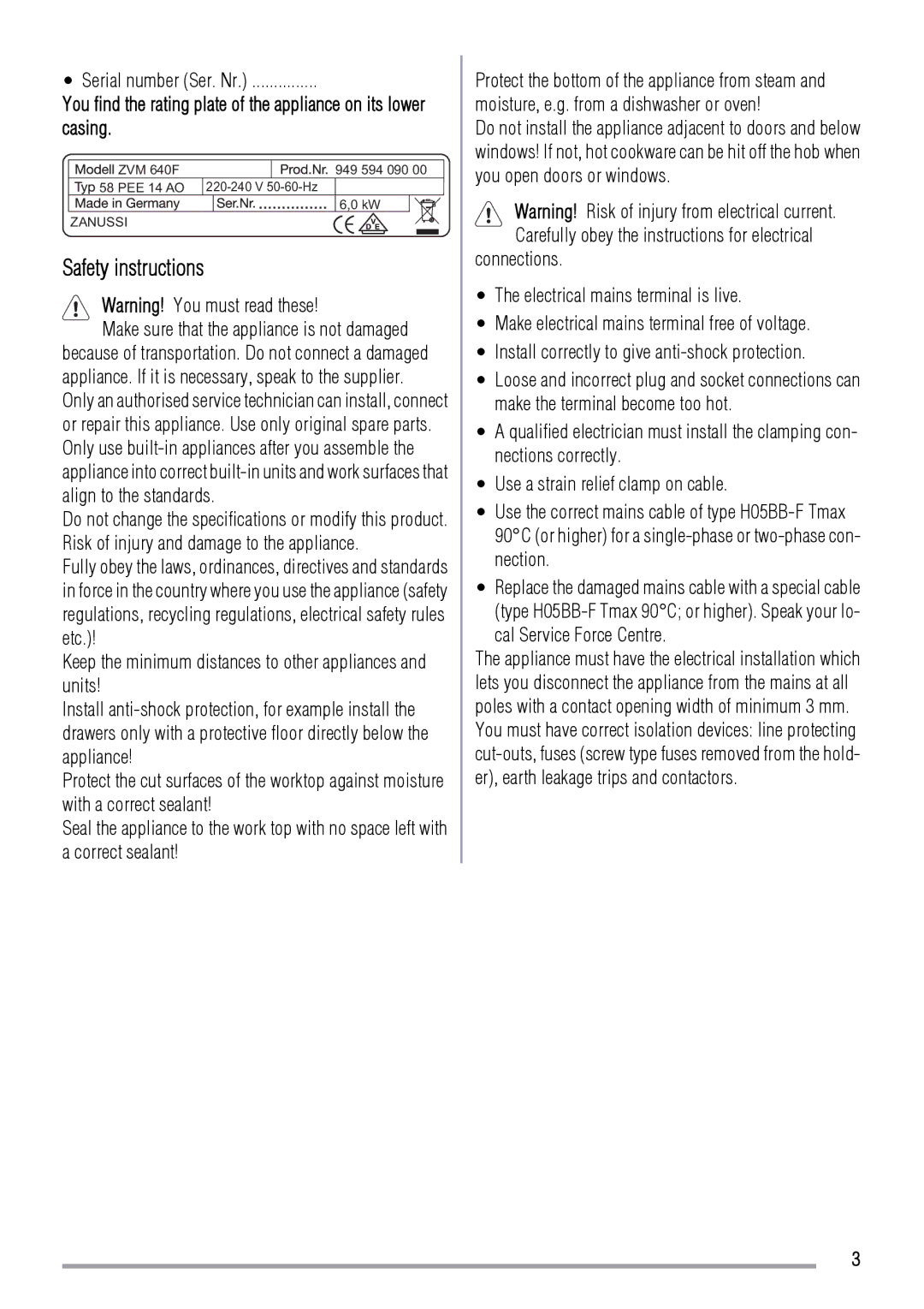 Zanussi ZVM640F user manual Safety instructions, Serial number Ser. Nr 