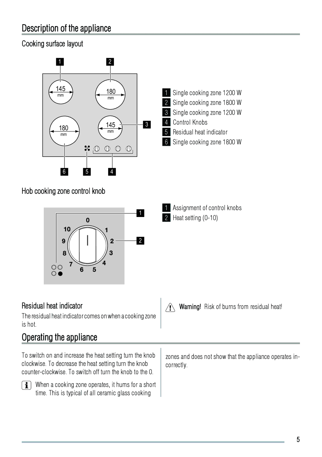 Zanussi ZVM640F Description of the appliance, Operating the appliance, Cooking surface layout, Residual heat indicator 