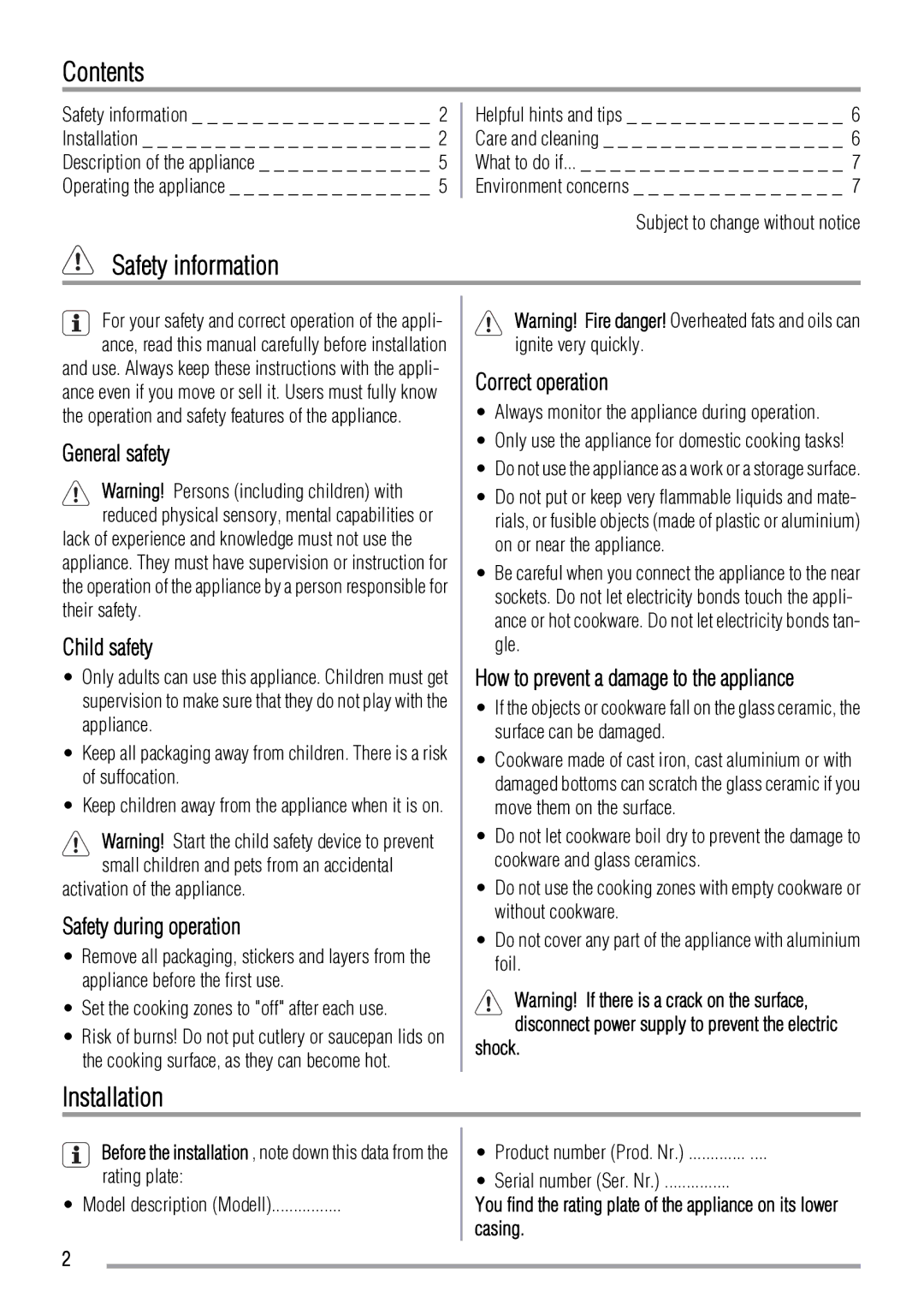 Zanussi ZVM64N user manual Contents, Safety information, Installation 