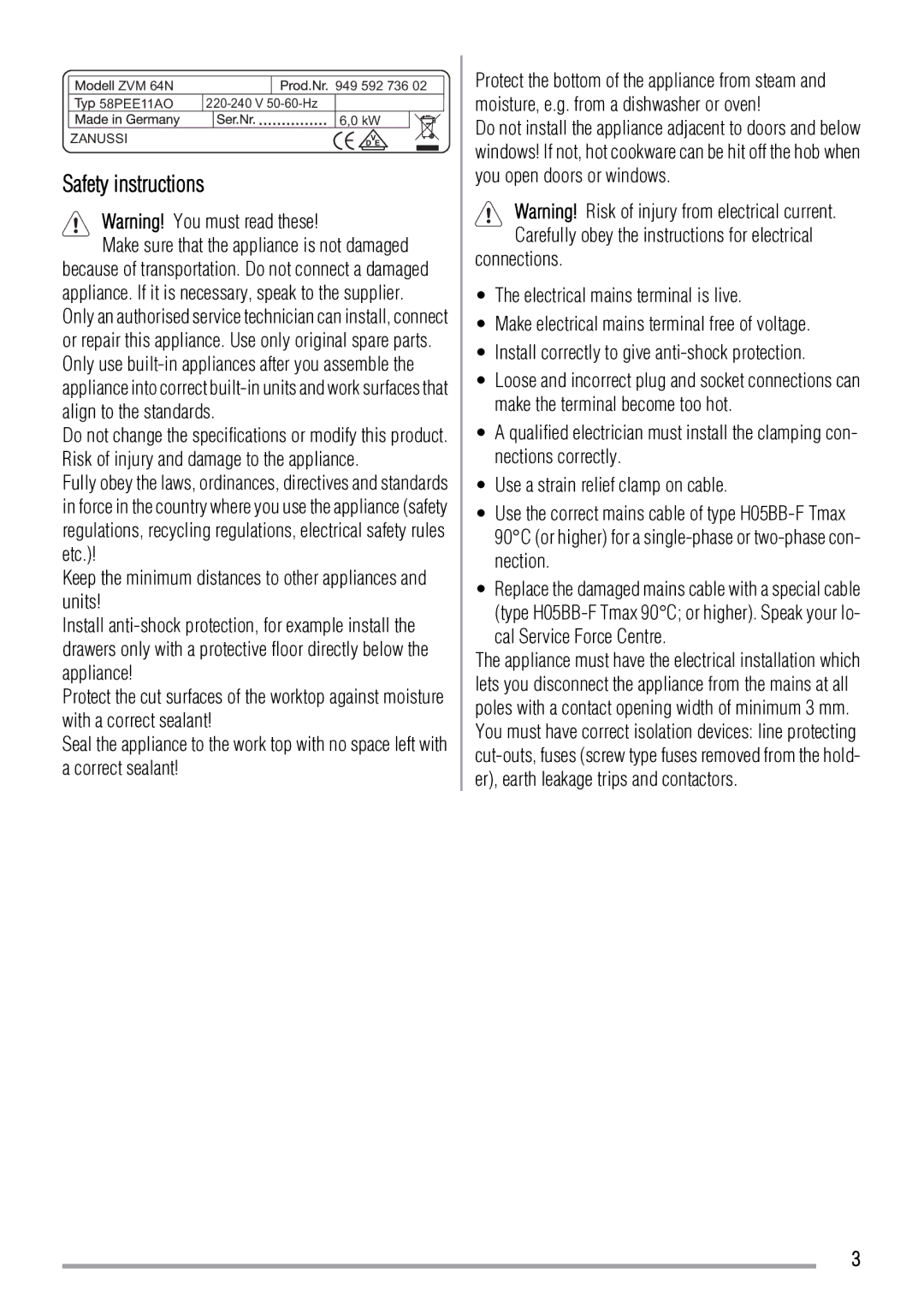 Zanussi ZVM64N user manual Safety instructions 