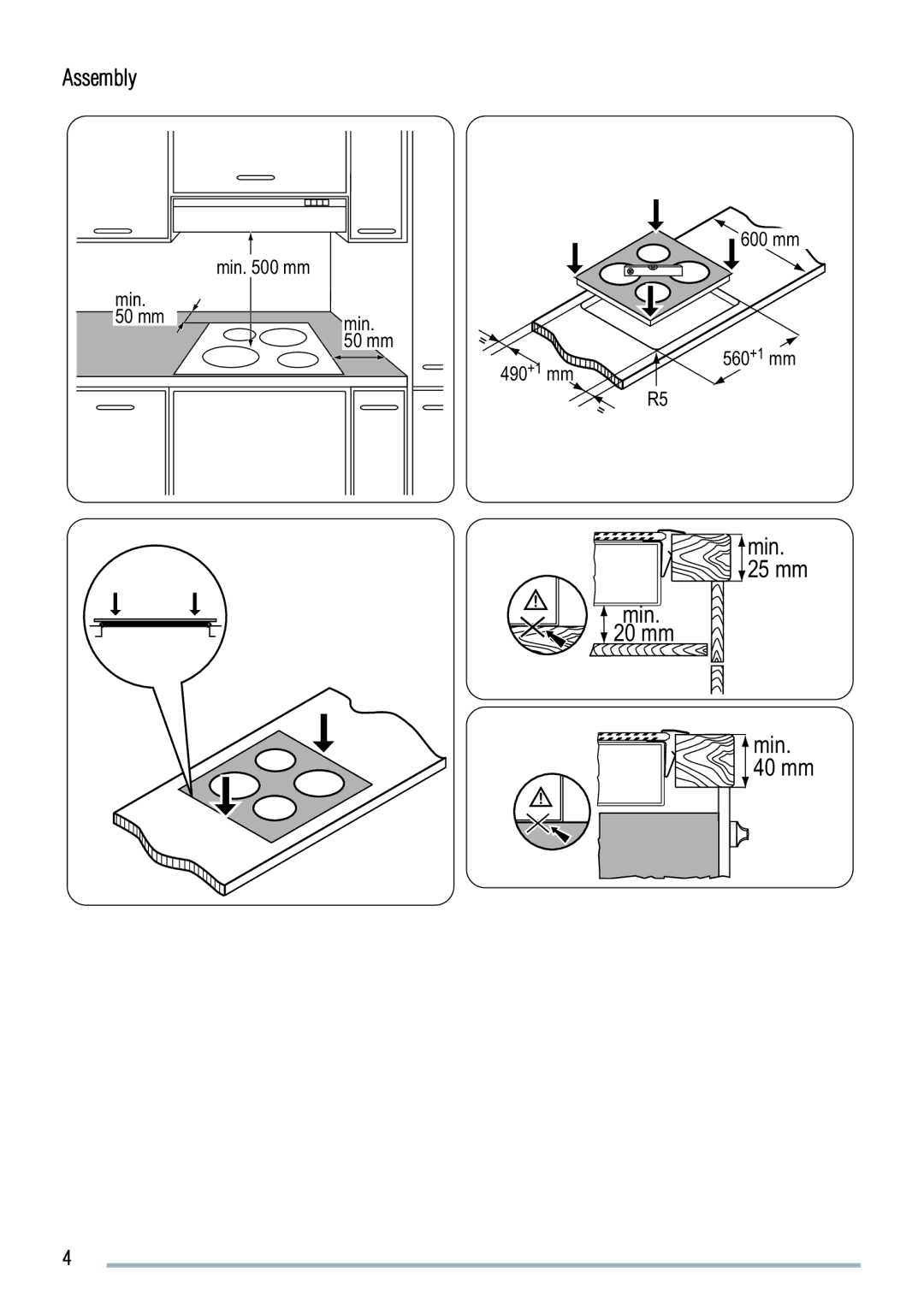 Zanussi ZVM64N user manual Assembly, 600 mm, Min mm 50 mm 560 +1 m m 490 +1 mm 