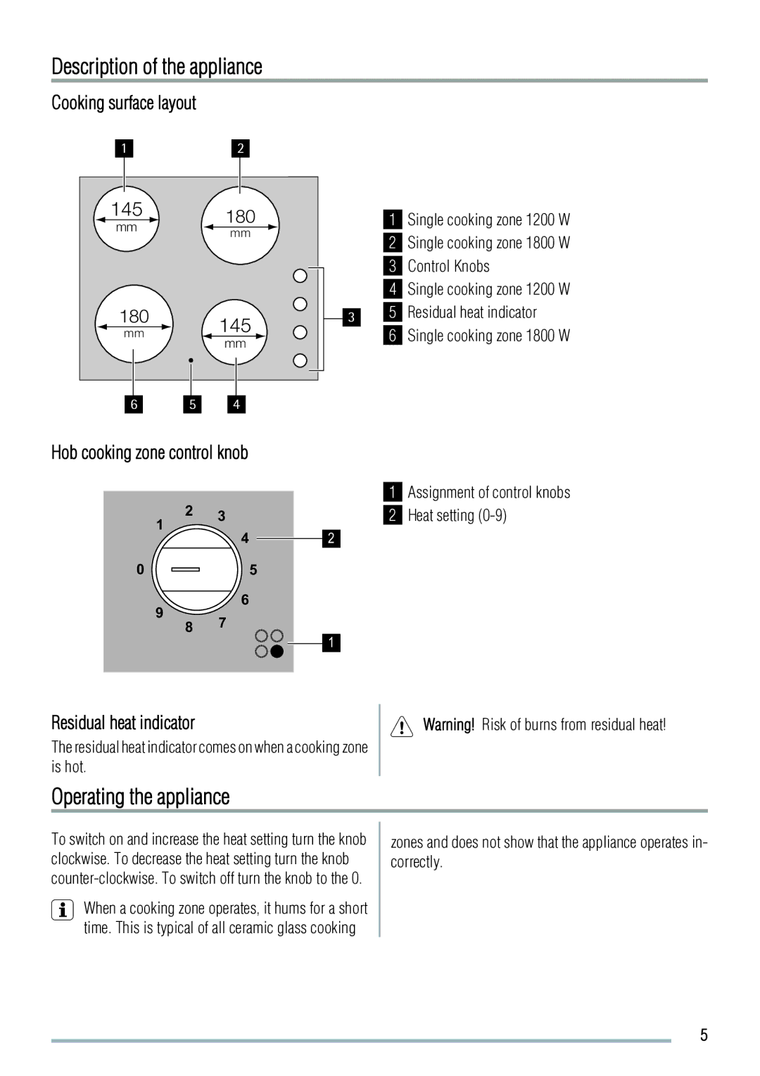 Zanussi ZVM64N Description of the appliance, Operating the appliance, Cooking surface layout, Residual heat indicator 