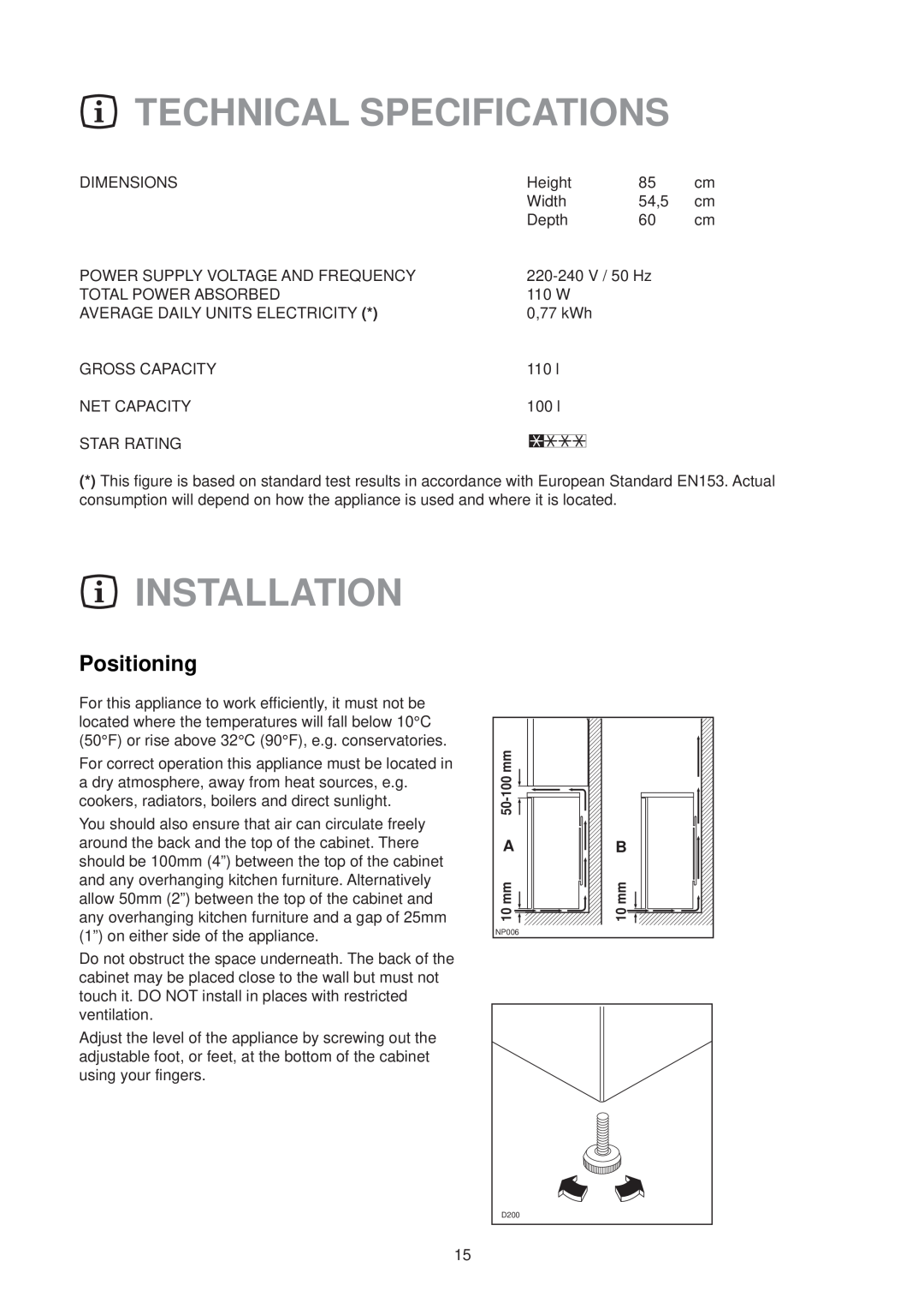 Zanussi ZVR 45 RN manual Technical Specifications, Installation, Positioning 