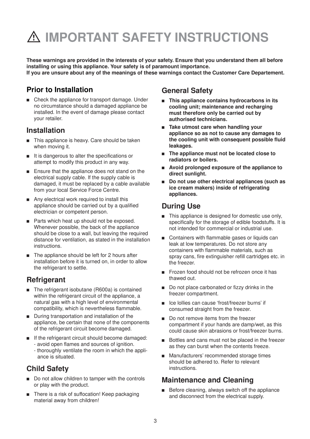 Zanussi ZVR 45 R manual Important Safety Instructions, Prior to Installation, Refrigerant, Child Safety, General Safety 