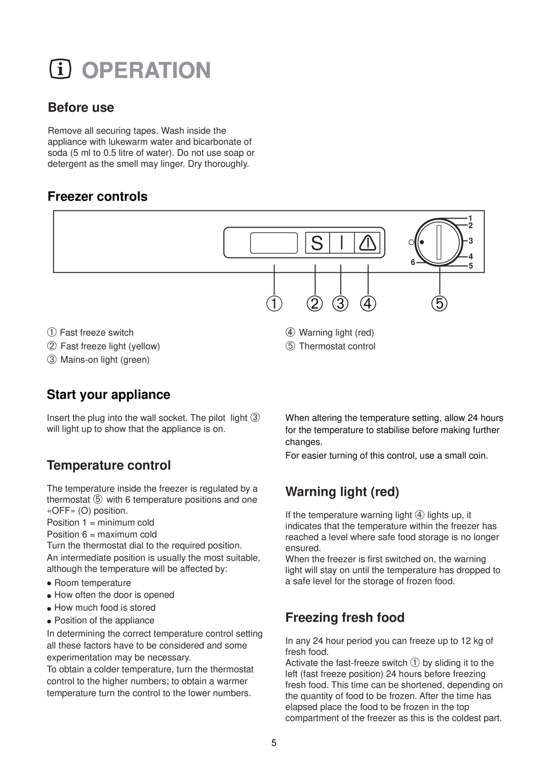 Zanussi ZVR 45 R Operation, Before use, Freezer controls, Start your appliance, Temperature control, Warning light red 