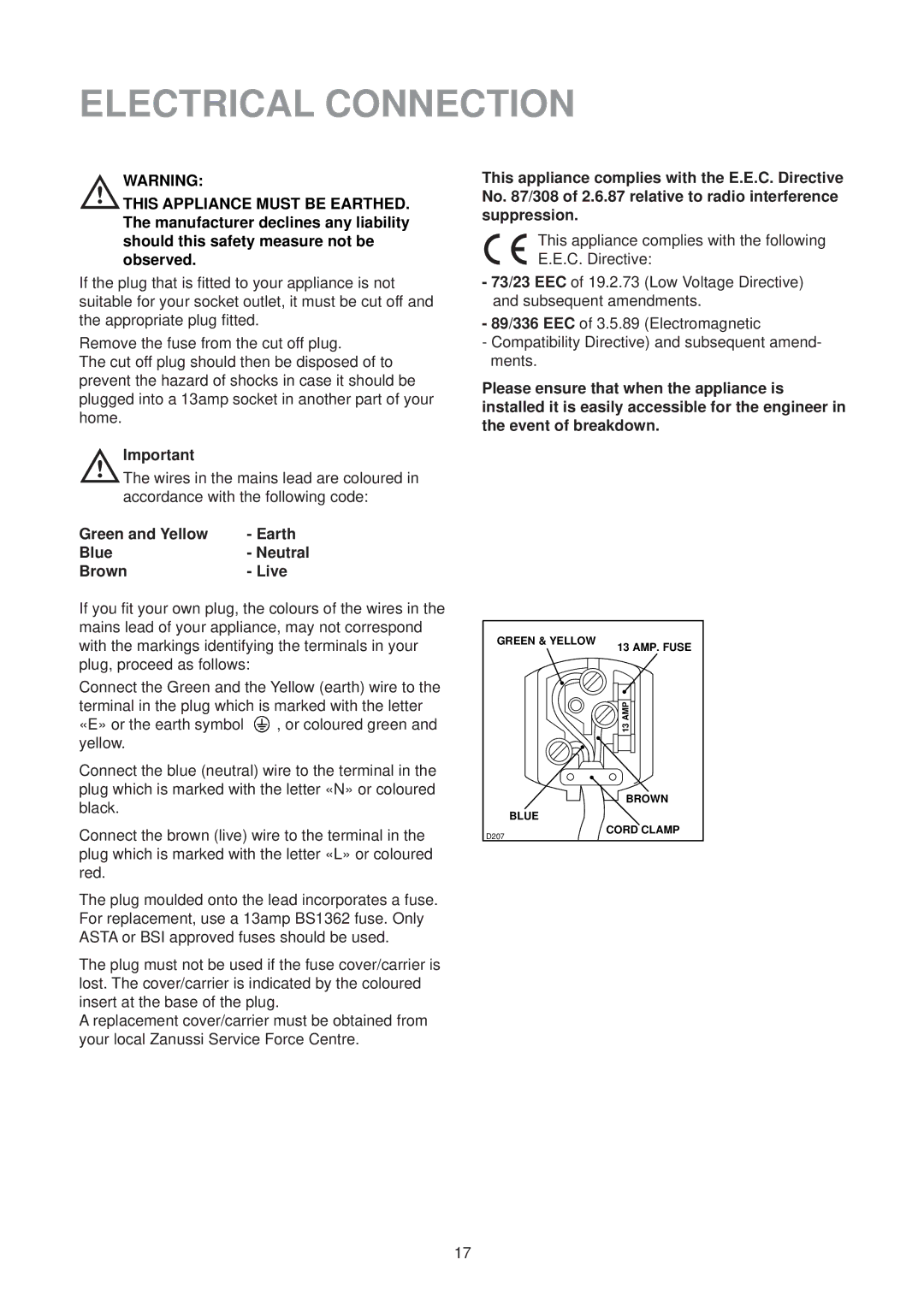 Zanussi ZVR 47 R manual Electrical Connection, Green and Yellow Earth Blue Neutral Brown Live 