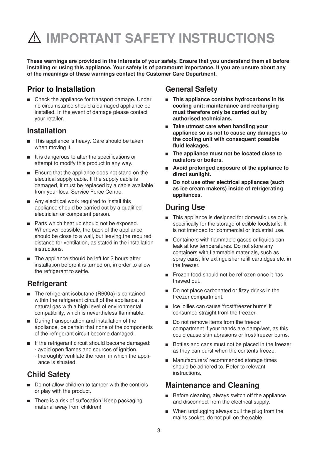 Zanussi ZVR 47 R manual Important Safety Instructions, Prior to Installation, Refrigerant, Child Safety, General Safety 