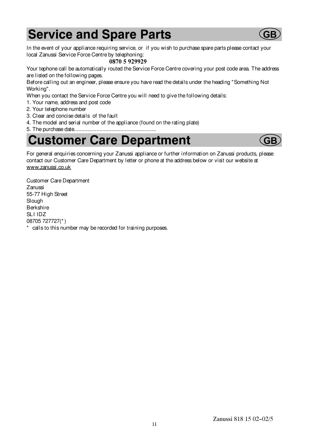 Zanussi ZVR11R manual Service and Spare Parts, Customer Care Department 