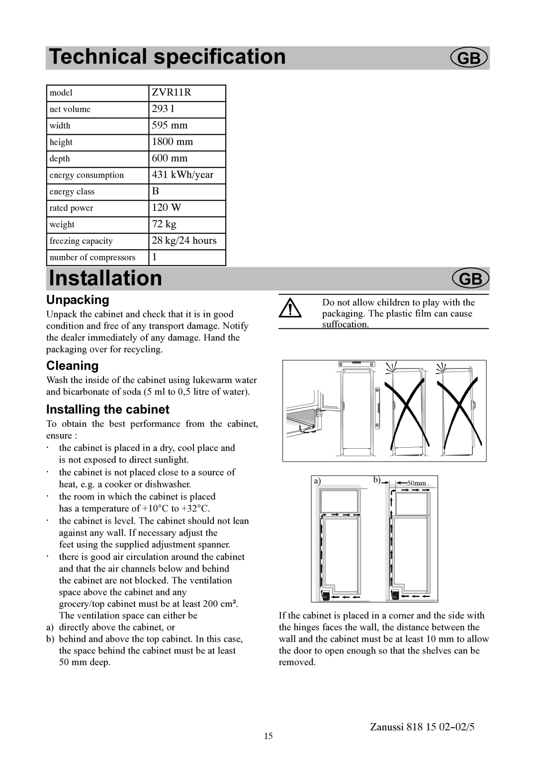 Zanussi ZVR11R manual Unpacking, Cleaning, Installing the cabinet 