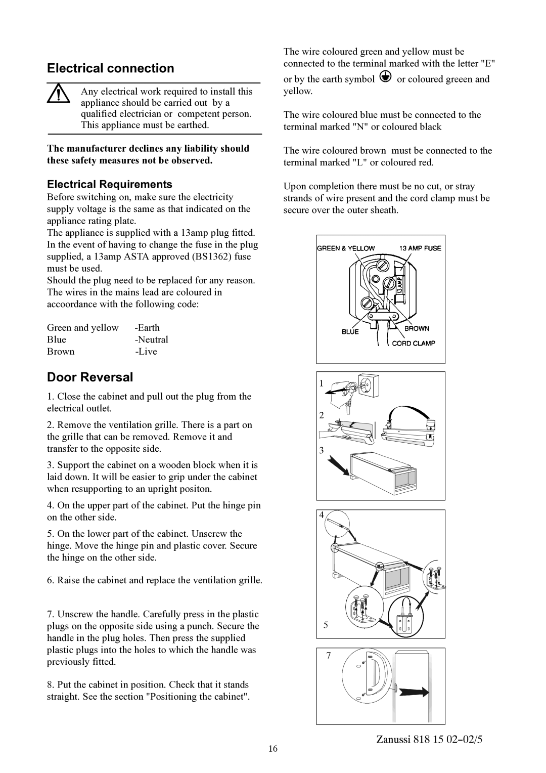 Zanussi ZVR11R manual Electrical connection, Door Reversal 